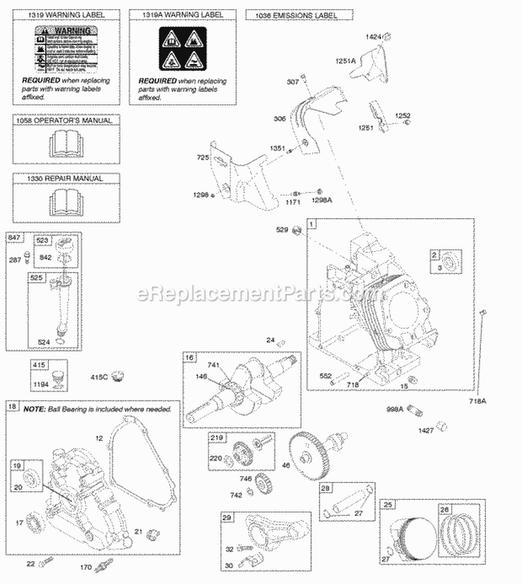 Camshaft Crankcase Cover Crankshaft Cylinder Lubrication OperatorS Manual PistonRingsConnecting Rod Warning Label Diagram and Parts List for  Briggs and Stratton Engine